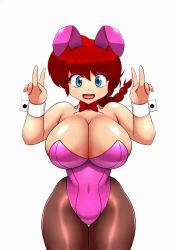 Rule 34 | 1girl, alternate breast size, animal ears, animated, animated gif, bare shoulders, blue eyes, bouncing breasts, braid, breasts, covered navel, curvy, detached collar, female focus, happy, highleg, highleg leotard, large breasts, leotard, looking at viewer, moyashi, pantyhose, pink leotard, playboy bunny, rabbit ears, rabbit tail, ranma-chan, ranma 1/2, red hair, shiny clothes, shiny skin, simple background, single braid, smile, solo, strapless, strapless leotard, v, white background, wide hips, wrist cuffs