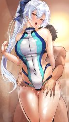 Rule 34 | 1boy, 1girl, absurdres, agetama, blue bow, blue one-piece swimsuit, bow, breasts, competition swimsuit, fate/grand order, fate (series), grinding, groin, hair between eyes, hair bow, hetero, highleg, highleg swimsuit, highres, large breasts, long hair, looking at viewer, one-piece swimsuit, penis, ponytail, red eyes, sex, silver hair, swimsuit, thigh sex, thigh strap, thighs, tomoe gozen (fate), tomoe gozen (swimsuit saber) (fate), two-tone swimsuit, white one-piece swimsuit