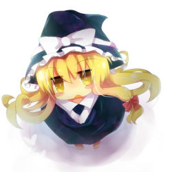 Rule 34 | 1girl, bad id, bad pixiv id, barefoot, blonde hair, blush, blush stickers, chibi, female focus, from above, full body, hat, jitome, kirisame marisa, looking up, lowres, open mouth, rarami, ribbon, solo, touhou, white background, witch, witch hat, yellow eyes