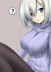 Rule 34 | 10s, 1girl, ?, alternate costume, black pantyhose, blue eyes, breasts, eyes visible through hair, fuuma nagi, grey hair, hair over one eye, hamakaze (kancolle), kantai collection, large breasts, looking at viewer, pantyhose, ribbed sweater, short hair, simple background, solo, spoken question mark, sweater