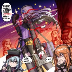 Rule 34 | 404 (girls&#039; frontline), 4girls, artist request, assault rifle, bad id, bad twitter id, blood, blood on clothes, blood on hands, censored, censored text, cosplay, crying, crying with eyes open, english text, engrish text, evil grin, evil smile, fingerless gloves, g11 (girls&#039; frontline), gasp, girls&#039; frontline, gloves, glowing, glowing eyes, grin, gun, highres, hk416 (girls&#039; frontline), hk416 (girls&#039; frontline) (cosplay), m16, m16a1, m16a1 (boss) (girls&#039; frontline), m16a1 (girls&#039; frontline), multiple girls, pointing, ranguage, rifle, scar, scar across eye, scar on face, smile, speech bubble, surprised, tears, ump45 (girls&#039; frontline), ump9 (girls&#039; frontline), weapon