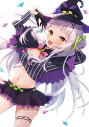 Rule 34 | 1girl, black capelet, black gloves, black hat, black skirt, blunt bangs, blush, breasts, capelet, commentary request, crop top, gloves, hair bun, hair ornament, hat, highres, hololive, long hair, long sleeves, looking at viewer, midriff, murasaki shion, murasaki shion (1st costume), navel, one side up, open mouth, pinstripe pattern, pinstripe shirt, saki (saki paint), shirt, silver hair, single hair bun, single side bun, skirt, smile, solo, striped clothes, striped legwear, striped shirt, striped thighhighs, thighhighs, tilted headwear, vertical-striped clothes, vertical-striped legwear, vertical-striped shirt, vertical-striped thighhighs, virtual youtuber, witch hat, yellow eyes