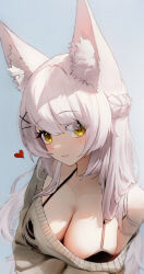 Rule 34 | 1girl, absurdres, animal ear fluff, animal ears, black bra, bra, braid, breasts, cleavage, closed mouth, downblouse, fox ears, fox girl, french braid, from above, head tilt, heart, highres, isolatediev, large breasts, light blush, long hair, looking at viewer, off-shoulder sweater, off shoulder, original, oversized clothes, simple background, smile, solo, sweater, swept bangs, tareme, underwear, upper body, very long hair, white hair, yellow eyes