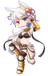 Rule 34 | 1girl, animal ear fluff, animal ears, armor, armored boots, bell, bikini, bikini top only, black bikini, black gloves, black socks, blue eyes, blue flower, blush, boots, breasts, chain, chibi, cleavage, commentary request, elbow gloves, flower, flower in mouth, fox ears, full body, gloves, hair bell, hair ornament, hair ribbon, heterochromia, jewelry, jingle bell, jumpsuit, jumpsuit around waist, kneehighs, long hair, looking at viewer, lowres, mechanic (ragnarok online), medium breasts, necklace, purple ribbon, ragnarok online, red eyes, ribbon, rose, simple background, sion (blackhorse), socks, solo, swimsuit, vambraces, white background, white hair, white jumpsuit, yellow armor