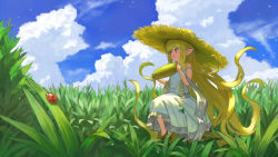 Rule 34 | 1girl, blonde hair, blue sky, brown footwear, bug, cloud, cloudy sky, commentary request, corn, corn cob, day, dress, eating, field, from side, granblue fantasy, grass, harvin, hat, holding, insect, ladybug, long hair, melissabelle, outdoors, prehensile hair, shoes, sitting, sky, solo, strap slip, straw hat, sundress, very long hair, wasabi60, white dress