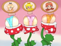 Rule 34 | 3girls, ass, ass shake, blonde hair, blue eyes, blush, brown hair, cameltoe, crown, earrings, flower earrings, frown, hair over one eye, head out of frame, highres, humiliation, jewelry, lower body, mario (series), mario party, mario party superstars, multiple girls, nintendo, panties, piranha plant, plant, princess daisy, princess peach, rosalina, struggling, top-down bottom-up, underwear, upside-down, vore, worried