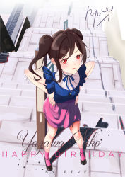 Rule 34 | 1girl, artist name, artist request, bare legs, black footwear, black hair, black high heels, blue ribbon, blue shirt, blush, bow, breasts, collared shirt, female focus, full body, hair bow, hands on own hips, high heels, highres, looking at viewer, love live!, love live! school idol festival, love live! school idol project, neck ribbon, outdoors, parted lips, pink skirt, red eyes, ribbon, rp0ku, rpku, rpku (pixiv21269133), shirt, short hair, skirt, small breasts, smile, socks, solo, twintails, yazawa nico