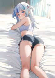 1girl armpit_crease ass_peek blue_eyes blue_hair breasts curtains gawr_gura hair_ornament highres hololive hololive_english indoors looking_at_viewer medium_hair multicolored_hair natsuna7 on_bed shark_hair_ornament short_shorts shorts small_breasts solo sports_bra streaked_hair thighhighs two_side_up virtual_youtuber white_hair