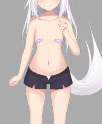 Rule 34 | 1girl, animal ears, bandaid, bandaids on nipples, black shorts, blush, breasts, closed mouth, collarbone, commentary request, fox ears, fox girl, fox tail, grey background, hand up, head out of frame, highres, kuronagi (mitora uwu), long hair, navel, open clothes, open fly, open shorts, original, panties, pasties, short shorts, shorts, simple background, small breasts, smile, solo, tail, topless, underwear, white hair, white panties