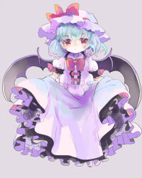Rule 34 | 1girl, bat wings, blue hair, bow, bowtie, center frills, collared shirt, dot mouth, dot nose, frilled shirt, frilled shirt collar, frilled skirt, frills, grey background, hair between eyes, hat, hiyuu (hiyualice), lifted by self, looking at viewer, medium hair, mob cap, pink hat, pink shirt, puffy short sleeves, puffy sleeves, red bow, red bowtie, red eyes, remilia scarlet, shirt, short sleeves, simple background, skirt, solo, touhou, wings