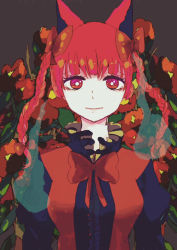 Rule 34 | 1girl, adapted costume, animal ears, bow, bowtie, braid, bright pupils, cat ears, dark background, floral background, flower, juliet sleeves, kaenbyou rin, light smile, long sleeves, looking at viewer, poppy (flower), puffy sleeves, purasu (76523), red bow, red bowtie, red eyes, red flower, red hair, simple background, solo, touhou, twin braids, twintails, upper body