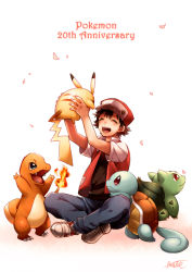 Rule 34 | 1boy, :d, ^ ^, anniversary, black eyes, black hair, bulbasaur, charmander, closed eyes, commentary request, creature, creatures (company), denim, facing another, fangs, fiery tail, fire, flame-tipped tail, full body, game freak, gen 1 pokemon, happy, holding, holding pokemon, jeans, kisaragi itsuka (aufheben), looking at another, male focus, nintendo, on lap, open mouth, pants, pikachu, pokemon, pokemon (creature), pokemon on lap, pokemon rgby, red (pokemon), red eyes, shoes, signature, simple background, sitting, smile, spiked hair, squirtle, standing, starter pokemon trio, tail, white background