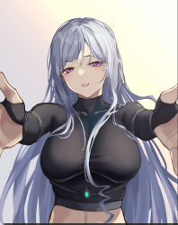 Rule 34 | 3 small spiders, ak-12 (girls&#039; frontline), blush, breasts, collarbone, crop top, girls&#039; frontline, grey hair, highres, incoming hug, large breasts, long hair, open mouth, outstretched arms, pink eyes, smile, turtleneck, unusually open eyes, very long hair, white background