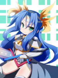 Rule 34 | 1girl, armor, blue hair, blush, boobplate, breastplate, breasts, cape, closed mouth, commentary request, feet out of frame, gauntlets, green eyes, grey cape, hair between eyes, highres, holding, holding sword, holding weapon, large breasts, long hair, looking at viewer, oborotsuki kakeru, panties, parted bangs, pauldrons, ragnarok online, rune knight (ragnarok online), shoulder armor, smile, solo, sword, underwear, visor (armor), weapon, white panties