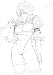 Rule 34 | 1girl, bad id, bad twitter id, blindfold, brashear lushert, cleavage cutout, clothing cutout, covered navel, fur trim, gluteal fold, grey background, greyscale, hatching (texture), heattech leotard, highres, holding, holding sword, holding weapon, katana, leotard, monochrome, nier:automata, nier (granblue fantasy), nier (series), puffy sleeves, short hair, simple background, sketch, skindentation, solo, sword, thighhighs, turtleneck, weapon, 2b (nier:automata)
