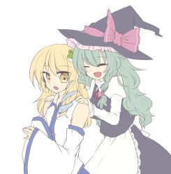 Rule 34 | 2girls, ^ ^, blonde hair, blush, closed eyes, cosplay, costume switch, detached sleeves, closed eyes, fang, female focus, frog, hair ornament, hat, kirisame marisa, kirisame marisa (cosplay), kochiya sanae, kochiya sanae (cosplay), kurosu rino, long hair, multiple girls, open mouth, smile, snake, touhou, witch, witch hat, yellow eyes