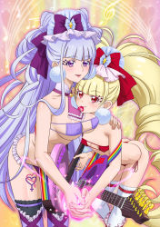 Rule 34 | 10s, 2girls, ass, bikini, blonde hair, blunt bangs, breasts, character request, commentary request, covered erect nipples, cure amour, eyelashes, eyepatch bikini, frills, guitar, hair ornament, highres, holding hands, hugtto! precure, instrument, interlocked fingers, large breasts, leaning forward, long hair, mouth hold, multiple girls, musical note, parted lips, precure, purple bikini, purple eyes, purple hair, red bikini, red eyes, small breasts, smile, staff (music), swimsuit, tooo, treble clef, very long hair, yuri