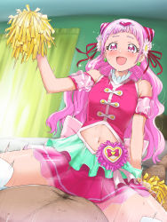 Rule 34 | 10s, 1boy, 1girl, :d, amagasa ikuta, blush, cheerleader, clothed female nude male, clothed sex, commentary request, cone hair bun, cowgirl position, cure yell, eyebrows, flower, girl on top, hair bun, hair flower, hair ornament, hair ribbon, hetero, highres, hugtto! precure, long hair, magical girl, motion lines, navel, nono hana, nude, open mouth, pink eyes, pink hair, pink skirt, pom pom (cheerleading), precure, red ribbon, ribbon, sex, skirt, smile, solo focus, straddling, sweat, thighhighs, white thighhighs