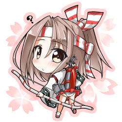 Rule 34 | 1girl, ?, aircraft, airplane, arrow (projectile), bow (weapon), brown eyes, chibi, hachimaki, headband, holding, japanese clothes, kantai collection, koda (kodadada), long hair, looking at viewer, looking back, machinery, panties, pleated skirt, ponytail, silver hair, skirt, solo, underwear, weapon, white panties, zuihou (kancolle)