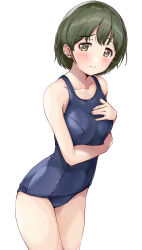 Rule 34 | 1girl, absurdres, bare arms, bare shoulders, blue one-piece swimsuit, blush, breasts, collarbone, commentary request, covered navel, green eyes, green hair, hand on own chest, hand up, highres, idolmaster, idolmaster shiny colors, kuroba aki, looking at viewer, nanakusa nichika, old school swimsuit, one-piece swimsuit, school swimsuit, simple background, small breasts, solo, standing, swimsuit, white background