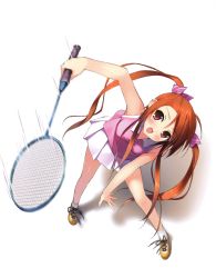 Rule 34 | 1girl, absurdres, badminton racket, blush, brown hair, happy, highres, kantoku, long hair, motion blur, motion lines, original, racket, red eyes, skirt, solo, tennis, twintails