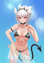 Rule 34 | 1girl, absurdres, arm strap, bad id, bad pixiv id, bare arms, bare shoulders, bikini, black bikini, black choker, blunt ends, breasts, choker, cleavage, collarbone, demon girl, demon horns, demon tail, helltaker, highres, horns, large breasts, long hair, looking at viewer, lucifer (helltaker), mole, mole on thigh, mole under eye, navel, ponytail, red eyes, short hair with long locks, sidelocks, solo, standing, string bikini, swimsuit, tail, wet, white hair, xixing si yao meng