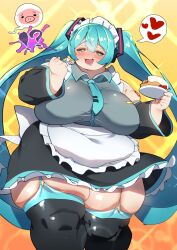 Rule 34 | !?, 1girl, alternate body size, apron, aqua eyes, aqua hair, aqua necktie, aqua thighhighs, arm tattoo, blush, breasts, cake, commentary request, cowboy shot, detached sleeves, dot nose, drooling, eating, fat, food, fork, garter straps, grey shirt, hair between eyes, hatsune miku, heart, highres, holding, holding fork, holding plate, huge breasts, kukeiha (squarewave29), long hair, maid headdress, necktie, obese, open mouth, orange background, pig, plate, shirt, skirt, sleeveless, solo, speech bubble, spoken animal, spoken heart, tareme, tattoo, thick arms, thick thighs, thighhighs, thighs, twintails, very long hair, vocaloid, waist apron, white apron, yellow background, zettai ryouiki