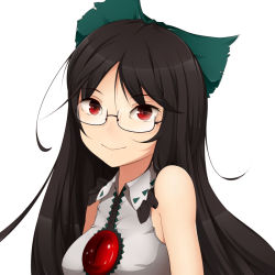 Rule 34 | 1girl, bad id, bad pixiv id, bare shoulders, bespectacled, black hair, bow, breasts, female focus, glasses, hair bow, kinakomoti, long hair, looking at viewer, red eyes, reiuji utsuho, sleeveless, smile, solo, third eye, touhou, upper body, very long hair, white background