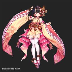 Rule 34 | 1girl, bare shoulders, black hair, blush, closed mouth, copyright request, detached sleeves, frills, full body, hair between eyes, highres, japanese clothes, kimono, looking at viewer, maett, official art, oni, platform clogs, red eyes, red hair, short hair, simple background, solo, thighhighs, white thighhighs, wide sleeves
