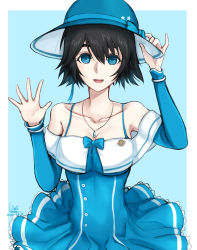Rule 34 | 1girl, absurdres, artist name, bare shoulders, black hair, blue background, blue bow, blue dress, blue eyes, blue hat, bow, breasts, cleavage, collarbone, commentary, dress, hair between eyes, hat, highres, looking at viewer, medium breasts, open mouth, shiina mayuri, short hair, simple background, smile, solo, steins;gate, unique (pixiv12704744), white background