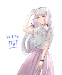 Rule 34 | 1girl, alternate costume, artist logo, blouse, casual, commentary request, dated, hair ribbon, highres, kantai collection, lavender skirt, ld (luna dial398), long hair, murakumo (kancolle), one-hour drawing challenge, orange eyes, pleated skirt, ribbon, shirt, sidelocks, silver hair, simple background, skirt, solo, tress ribbon, watch, white background, white shirt, wristwatch