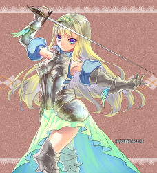 Rule 34 | 1girl, armor, armored dress, blonde hair, blue eyes, character request, fighting stance, frown, fuji minako, gauntlets, holding, holding weapon, long hair, rapier, solo, sword, unmei no clan battle, weapon