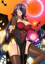 Rule 34 | 1girl, animal, bat (animal), black dress, black eyes, black hair, black thighhighs, blush, breasts, building, city, cleavage, crescent moon, dress, flying, garter straps, grin, halloween, hand on own hip, highres, ikkitousen, jewelry, kan&#039;u unchou, large breasts, long hair, looking at viewer, moon, necklace, night, official art, ponytail, sky, smile, standing, teeth, thighhighs