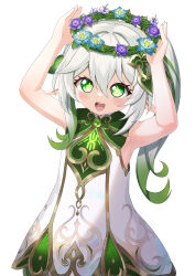 Rule 34 | 1girl, :d, armpits, arms up, commentary request, detached sleeves, dress, genshin impact, gradient hair, grey hair, hair between eyes, hair ornament, head wreath, highres, kido airaku, leaf hair ornament, long hair, looking at viewer, multicolored hair, nahida (genshin impact), open mouth, pointy ears, short dress, short sleeves, side ponytail, sidelocks, simple background, smile, solo, streaked hair, symbol-shaped pupils, two-tone hair, white background, white dress