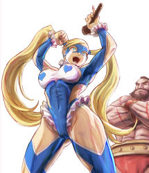 Rule 34 | 1990s (style), 1boy, 1girl, blandly-vorpal, blandly vorpal, blonde hair, blue eyes, breasts, crying, leotard, long hair, mask, microphone, rainbow mika, simple background, street fighter, street fighter zero (series), twintails, wrestling outfit, zangief