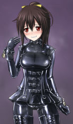 Rule 34 | 10s, 1girl, bdsm, belt, black thighhighs, blush, bodysuit, boots, brown eyes, brown hair, collar, corset, cross-laced footwear, crotch zipper, dress, frame arms girl, gennai ao, lace-up boots, latex, latex bodysuit, latex dress, latex suit, lock, padlock, ponytail, ribbon, ribimura, shiny clothes, simple background, thigh boots, thighhighs, wrist cuffs, zipper