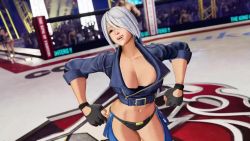 Rule 34 | 1girl, 3d, angel (kof), animated, blue eyes, breasts, cleavage, fingerless gloves, gloves, highres, jacket, large breasts, navel, tagme, the king of fighters, the king of fighters xv, video
