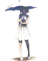 Rule 34 | 1girl, dress, female focus, full body, holding, holding umbrella, looking at viewer, rain, sandals, shadow, short hair, simple background, sleeveless, sleeveless dress, solo, standing, sundress, umbrella, walking, weno, white background, white theme