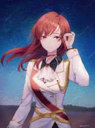 Rule 34 | 1girl, aiguillette, ascot, bad id, bad pixiv id, belt, belt buckle, brooch, buckle, buttons, closed mouth, coat, commission, double-breasted, epaulettes, forest, hand on own ear, highres, jewelry, long hair, long sleeves, looking at viewer, meteor shower, military, military uniform, nature, night, night sky, original, purple eyes, red hair, sash, sky, solo, soyubee, standing, touching ears, uniform, upper body, white coat