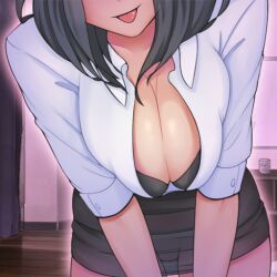 Rule 34 | 1girl, :p, black hair, black skirt, bra, breasts, cleavage, collarbone, head out of frame, large breasts, leaning forward, office lady, pencil skirt, shirt, skirt, tomie (femdom waifu), tongue, tongue out, underwear