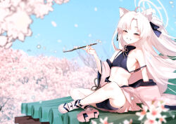 Rule 34 | 1girl, :d, absurdres, ahoge, animal ear fluff, animal ears, arm support, armpits, ass, black eyes, black shorts, blue archive, blurry, cherry blossoms, commentary request, depth of field, falling petals, flat chest, fox ears, fox girl, fox tail, geta, half-closed eyes, halo, highres, holding, holding smoking pipe, indian style, japanese clothes, kuzunoha (blue archive), long hair, long sleeves, looking at viewer, maria (syake-uni), navel, one side up, open mouth, parted bangs, petals, short shorts, shorts, sidelocks, sitting, sleeveless, smile, smoking pipe, solo, stomach, tail, tank top, thick eyebrows, white hair, wide sleeves, wind