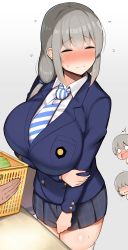 Rule 34 | 3girls, blazer, blush, breasts, closed eyes, closed mouth, commentary request, embarrassed, full-face blush, gradient background, grey background, grey hair, highres, huge breasts, jacket, jakko, long bangs, long hair, long sleeves, looking at another, mature female, mother and daughter, multiple girls, necktie, o o, open mouth, plaid, plaid skirt, school uniform, shirt, siblings, sisters, skirt, striped neckwear, sweat, thick thighs, thighhighs, thighs, uzaki-chan wa asobitai!, uzaki hana, uzaki tsuki, uzaki yanagi, wavy mouth, white shirt, zettai ryouiki