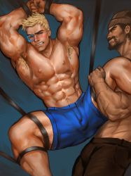 Rule 34 | 2boys, abs, armpits, bara, blonde hair, blush, body hair, highres, leg lift, male focus, multiple boys, muscular, nipples, overwatch, overwatch 1, pectorals, reaper (overwatch), restrained, soldier: 76 (overwatch), topless male, underwear, undressing, yaoi, yy6242