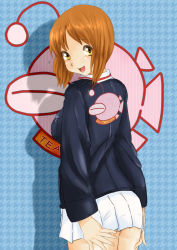 Rule 34 | 10s, 1girl, anglerfish, ass, back, blush, boots, brown eyes, brown hair, emblem, fish, frown, girls und panzer, hairband, highres, hyakute gyojin, jacket, long sleeves, looking at viewer, looking back, military, military uniform, miniskirt, nishizumi miho, pleated skirt, pointing, shadow, short hair, skirt, skirt tug, smile, solo, standing, uniform
