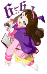Rule 34 | 3girls, :&gt;, bag, bending backward, birthday, blue eyes, blush, book, brown hair, cape, cardigan, chibi, chibi inset, closed mouth, commentary request, cropped legs, curly hair, dress, fang, from side, gaaruru (pripara), hairband, hand up, headphones, holding, holding book, index finger raised, kurosu aroma, long hair, long sleeves, looking at viewer, looking to the side, moudoku (decopon3rd), multiple girls, open mouth, outstretched arm, pink cardigan, pink hairband, ponytail, pretty series, pripara, purple cape, red hair, shiratama mikan, short bangs, short dress, shoulder bag, sidelocks, simple background, smile, smirk, standing, thighhighs, twintails, white background, white thighhighs, winged hairband, yellow dress, yellow eyes