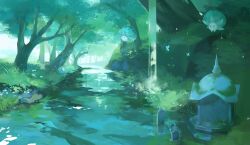 Rule 34 | blue butterfly, blue flower, bug, butterfly, camunekoz, commentary request, flower, forest, fungi (genshin impact), genshin impact, grass, highres, insect, nature, no humans, outdoors, river, rock, scenery, tree, water, waterfall, yellow flower