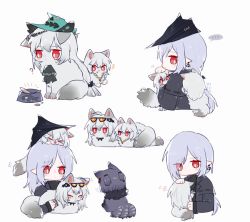 Rule 34 | ..., 4girls, ahoge, andreana (arknights), animal, animal hug, animalization, aqua headwear, arknights, ascot, black ascot, black coat, black headwear, bowl, brushing, cape, cat, chibi, coat, commentary, crying, crying with eyes open, earrings, eyewear on head, fluffy, grey fur, hair ornament, hair over one eye, hat, holding, holding animal, holding cat, jewelry, multiple girls, multiple tails, necklace, official alternate costume, open clothes, open coat, orca hair ornament, pet bowl, purple fur, red eyes, silver hair, sitting, skadi (arknights), skadi (waverider) (arknights), skadi the corrupting heart (arknights), sleeping, smile, sparkle, specter (arknights), spoken ellipsis, sunglasses, symbol-only commentary, tail, tears, tongue, tongue out, white background, zhu mianzi, zzz