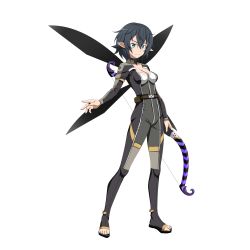 Rule 34 | 1girl, black hair, black nails, black wings, blue eyes, bow (weapon), breasts, character request, cleavage, closed mouth, full body, hair between eyes, highres, holding, holding bow (weapon), holding weapon, jumpsuit, medium breasts, multiple wings, nail polish, official art, pointy ears, smile, solo, standing, sword art online, toenail polish, toenails, transparent background, weapon, wings