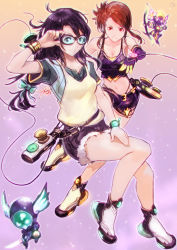Rule 34 | 2girls, absurdres, black eyes, black hair, brown hair, closed mouth, cutoffs, elbow gloves, gloves, goggles, gradient background, highres, long hair, looking at viewer, midriff, multiple girls, navel, okuto, original, red eyes, shoes, short hair, short sleeves, shorts, smile, tank top, wrist straps