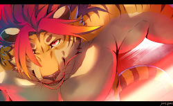 Rule 34 | 1boy, animal ears, bara, bare pectorals, character request, close-up, fighting stance, furry, furry male, gradient hair, large pectorals, letterboxed, looking at viewer, male focus, multicolored hair, muscular, nomad (housamo), one eye covered, orange fur, pectorals, red eyes, red hair, short hair, sky (sora no gomibako), solo, tiger boy, tiger ears, tiger stripes, tokyo houkago summoners, upper body, whiskers